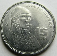 Error - Variety Mexico 1 Peso 1984  RA  Jose Morelos Hidden Illegal Designer RA