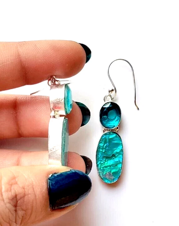 Australian Triplet Fire Opal Gemstone 925 Sterling Silver Jewelry Earrings 1.80" - Image 2 of 4