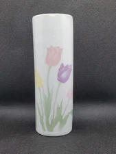 Vintage FTD Especially For You White Vase Pink Purple Yellow Tulips 7in 1989 Tag
