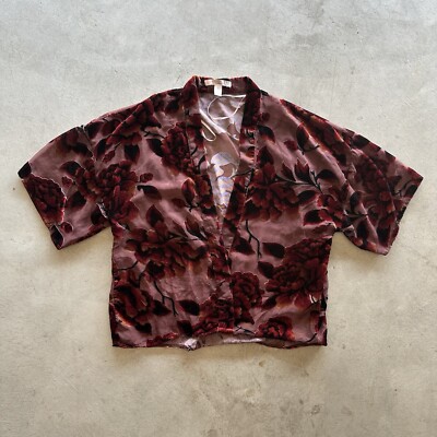 Vintage Forever 21 Red Velvet Floral Sheer Kimono Style Cropped Shirt SIZE  XS