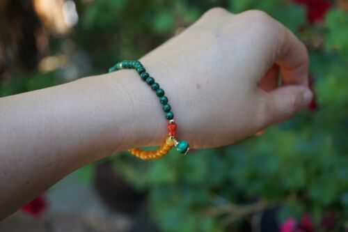Genuine Malachite and Amber Coral Beaded Bracelet 4MM Tiny Charm Bracelet - Picture 7 of 9