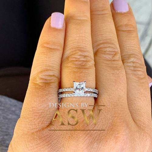 14K SOLID WHITE GOLD PRINCESS SIMULATED DIAMOND ENGAGEMENT RING AND BAND 2.00CT - Picture 9 of 10