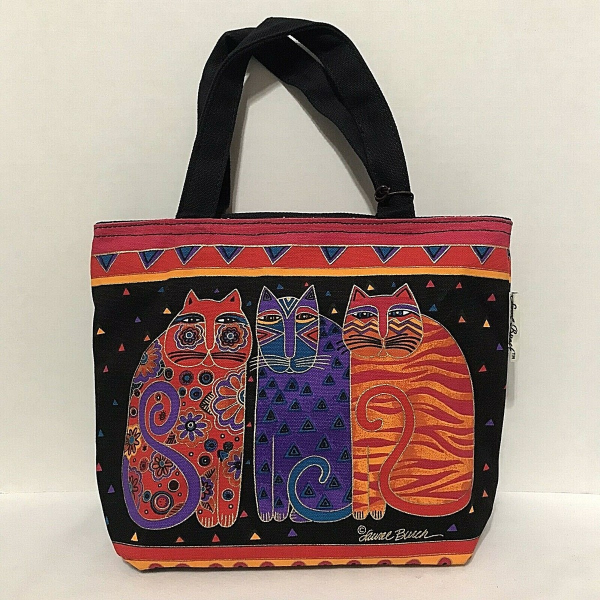 Laurel Burch Hand Printed Cat Kitty Bag Purse Tote Wooden Keychain