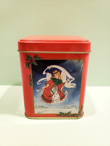 Vintage Christmas Tin 1995 Holiday Angels Fabri-centers Small 4" Doves Red Dress - Picture 4 of 7