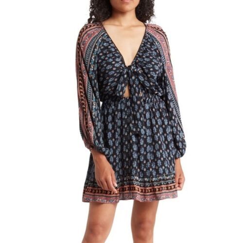 Angie Long Sleeve Tie Front Midi Dress Mixed Print Boho Style Deep V-Neck NWT M