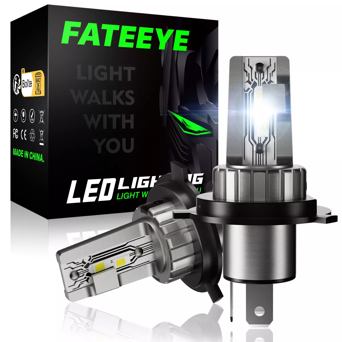 FATEEYE H4 9003 HB2 LED Headlight Bulbs 6500K Super Bright No Error Hi Lo Beam