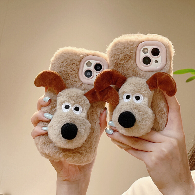 Cute Puppy Dog Warm Plush Fluffy Phone Case Cover For iPhone 15 14