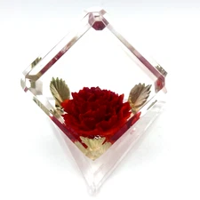 Vtg Hand Carved Lucite Floral Red Carnation Cube Paperweight Facets Bircraft USA