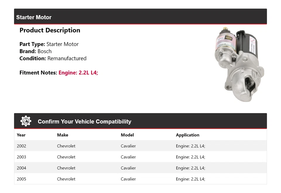 Arranque Bosch 2,2 L L4 2002-2005 Chevrolet Cavalier (remanufacturado) 2003 Foto 2 de 4