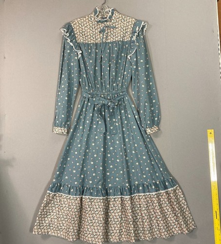 Vintage NOS 70s Sears JR BAZAAR Floral Lace Prairie Dress L/S Ruffle Green SZ 9 - Picture 8 of 12