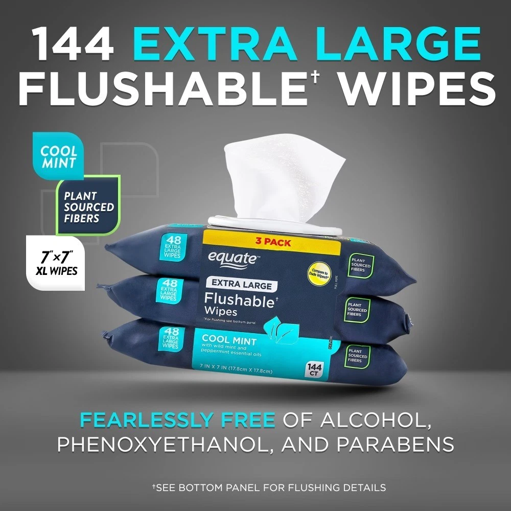 Extra Large Flushable Wet Wipes, Cool Mint Scent, 144 Wipes, 3 Pack - thumbnail 3