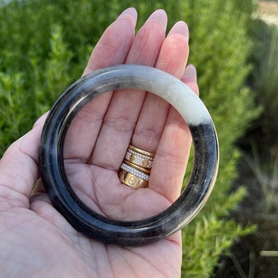 54.7mm (fits 54/55/56) Black and White Grade A Jade Bangle, Burmese,  Certified!