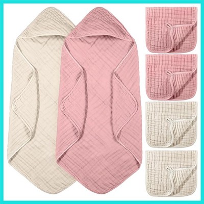 6 Pcs Baby Muslin Hooded Bath Towels and Washcloths Muslin Cotton Hooded Baby...