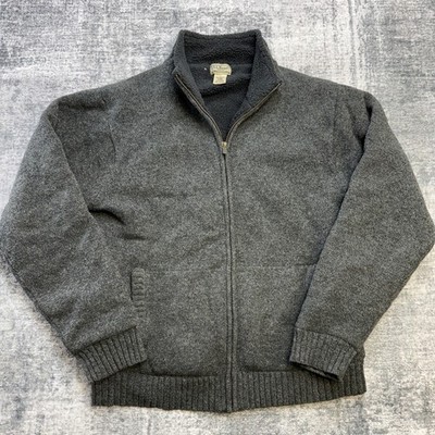 LL Bean Sweater Mens Medium Gray Classic Ragg Wool Fleece Lined Full Zip Jacket