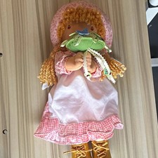 Holly Hobbie Vintage Rag Doll Blonde Curly Hair Brown Eyes Pink Dress Bonnet