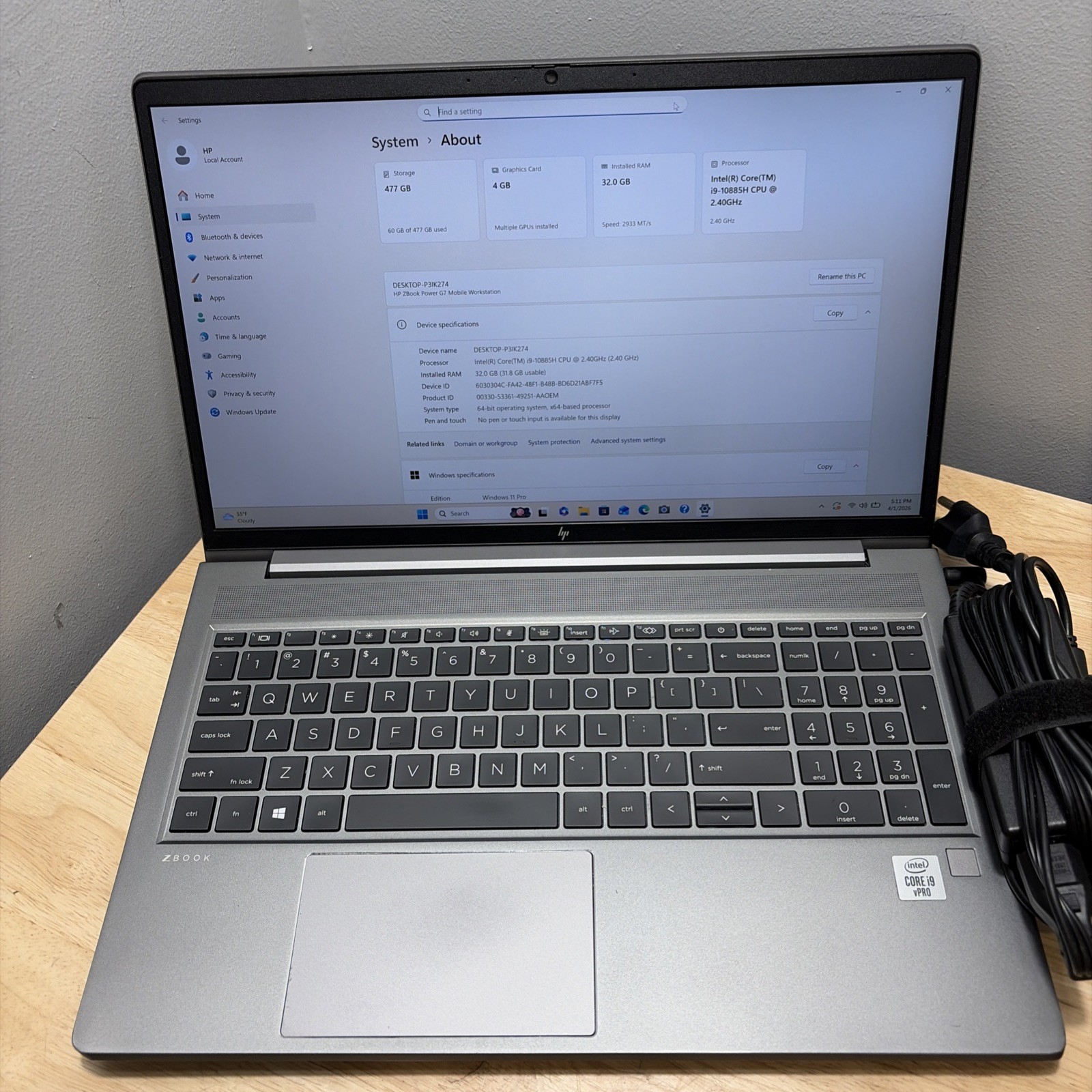 HP zbook power g7, 16-Inch Laptop, with INTEL CORE I9-10885H 2.4GHZ, 512 GB SSD (Solid State Drive), Windows 11 Pro