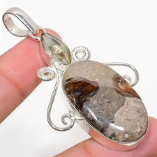 Mud Crack Fossil, Citrine Gemstone 925 Sterling Silver Jewelry Pendant 2.68"