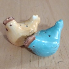 Ceramic Chicken Salt & Pepper Shakers Set Yellow Blue Animal Shape Glossy 2pcs
