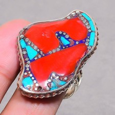 Red Coral Tibetan Turquoise Handmade Boho Nepali Jewelry Adjustable Ring SR 3388