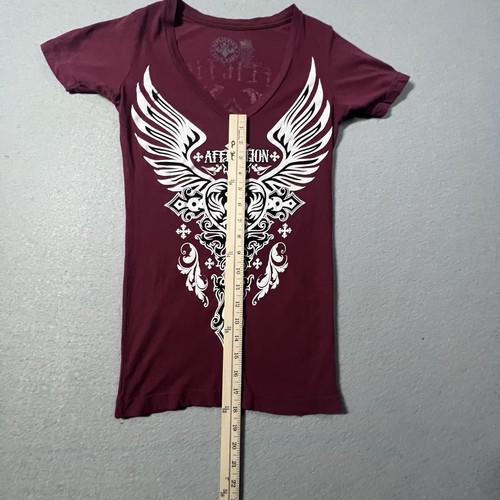 Y2K Affliction Winged Death Blade T-Shirt Womens Size X Small Maroon - Picture 6 of 9