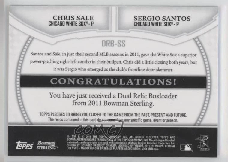 2011 Bowman Sterling Dual Relics Box Loader Chris Sale Sergio Santos Rookie RC - Image 2 of 2