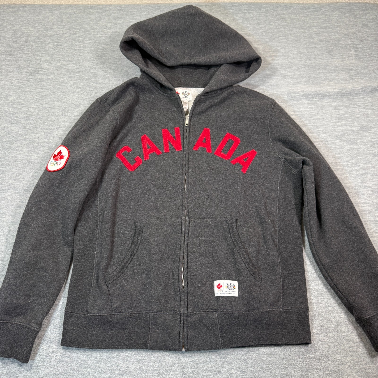 Hudson’s Bay Hoodie Men M Gray Red Canada Olympic Full Zip Sweatshirt Coat