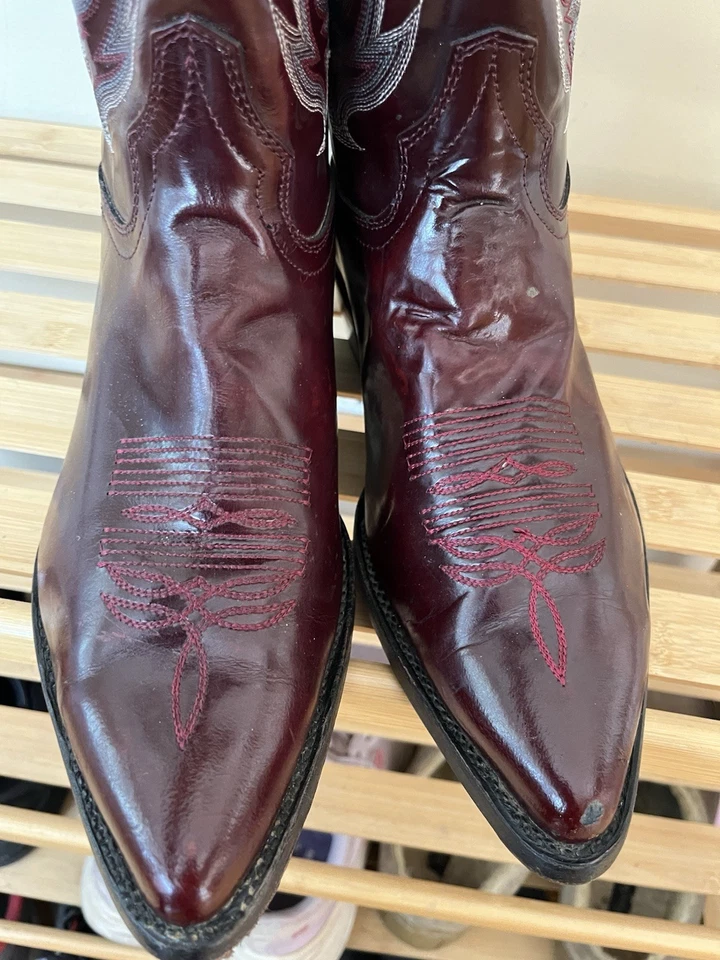 Botas occidentales borgoña para hombre de cuero liso ropa de rodeo vaquero punta redonda botas 9,5 Foto 3 de 4