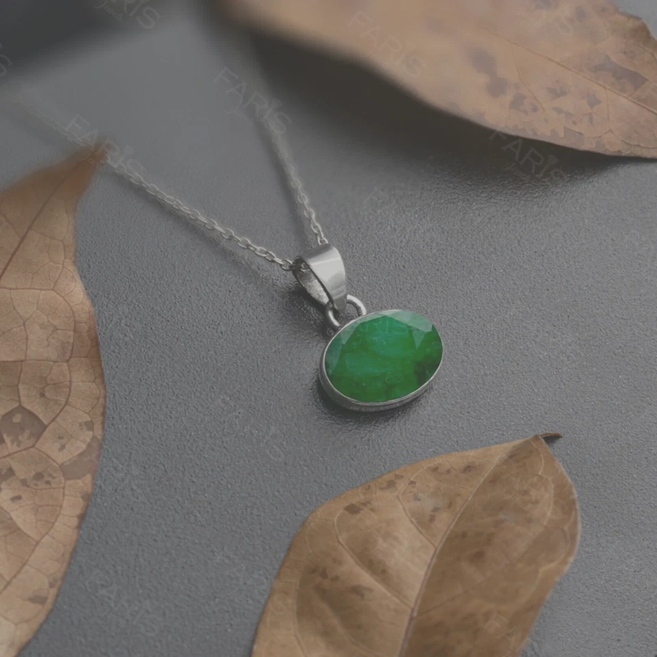 Green Emerald Oval Stone Pendant Minimalist Oval Necklace Sterling Silver 20" - image 4 of 4