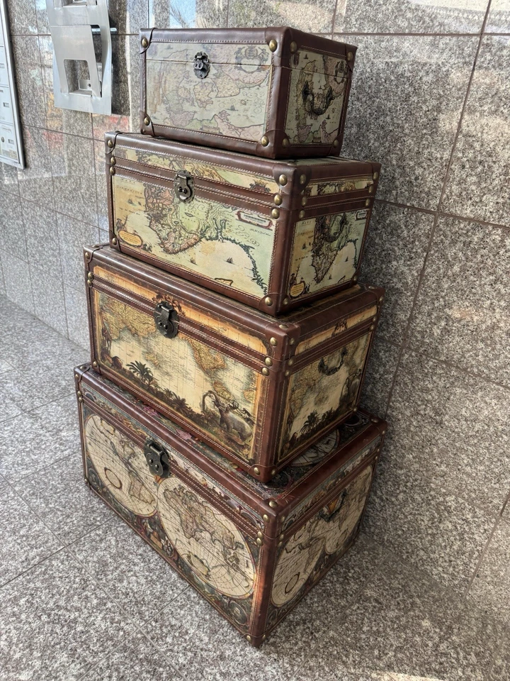 Juego de cofre de almacenamiento vintage de cuero chinoiserie madera y latón MCM Old World Foto 3 de 4