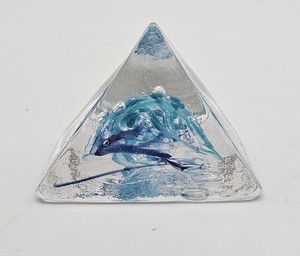 Vintage Art Glass Paperweight Blue Swirl In Clear Glass Pyramid 2.25"