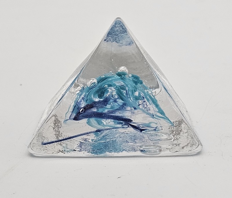 Vintage Art Glass Paperweight Blue Swirl In Clear Glass Pyramid 2.25"