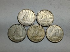 5x Canada 10 Cents - 1961, 1962, 1963, 1964 and 1965 - Canadian Silver Dimes