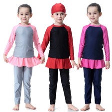 Cute Islamic Swimwear Kids Girls Muslim Swimsuit Arab Beachwear Bathing Suit Cap