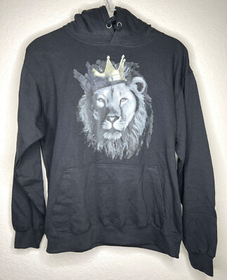 Hoodie King Lion Gold Crown Pullover Unisex X-Large Black Cotton