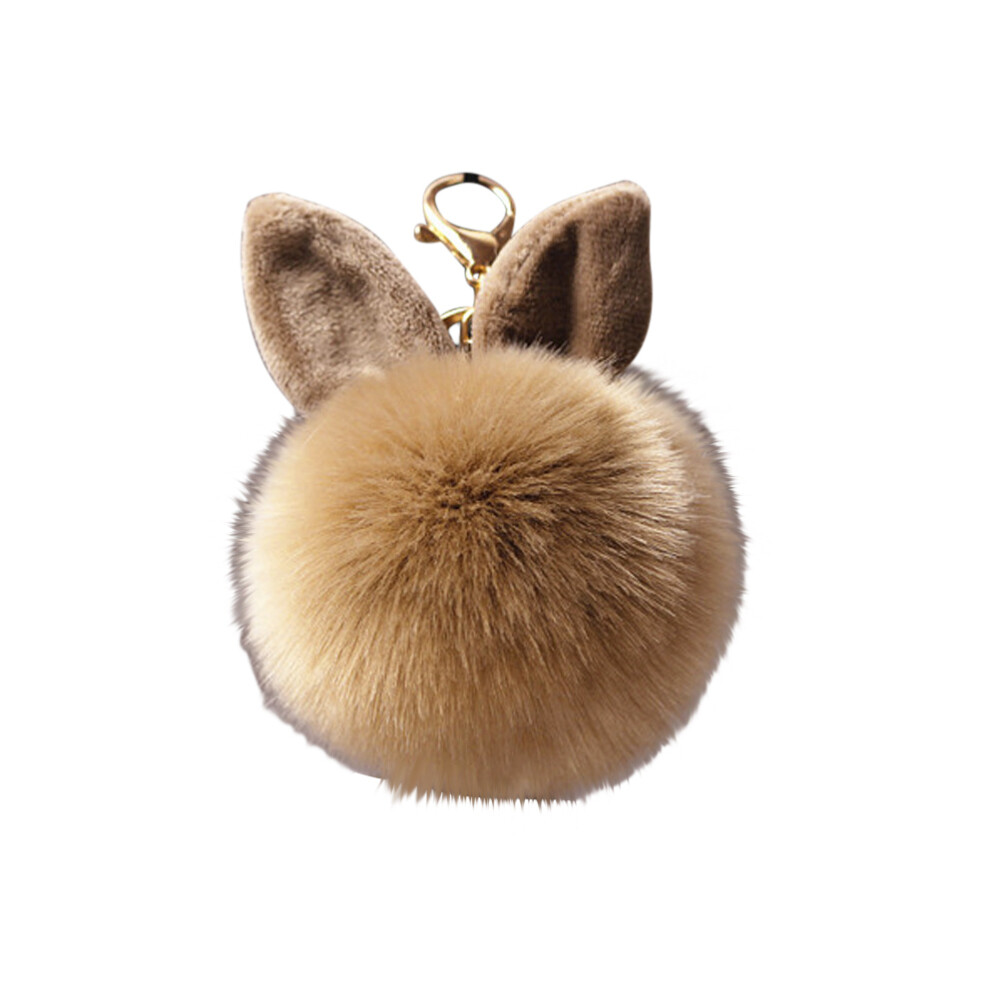 Fur Ball Keychain Rabbit Ear Keyring Bag Charm Decoration (Khaki)