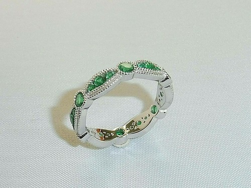Ladies Art Deco Style 925 Sterling Solid Silver Emerald Round Cut Eternity Ring - Picture 6 of 10