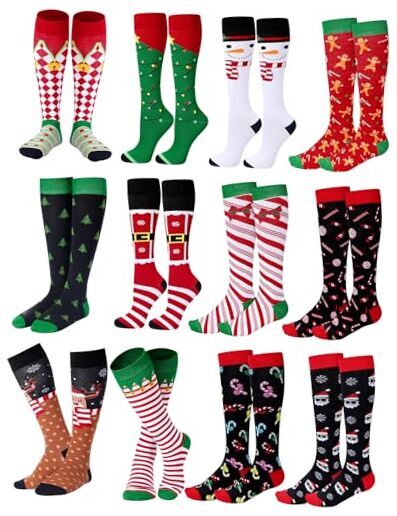 Suhine 12 Pairs Christmas Knee High Socks Bulk, Combed Cotton Christmas Socks