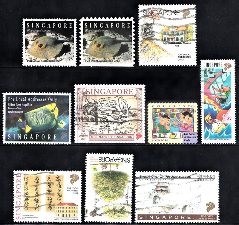 SINGAPORE 1994-96 FOR LOCAL ADDRESSES ONLY 10 STAMPS SCOTT 675B/768 USED