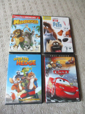 4 DVD LOT Cars Disney Pixar ,Madagascar, Over The Hedge, Secret Life of Pets