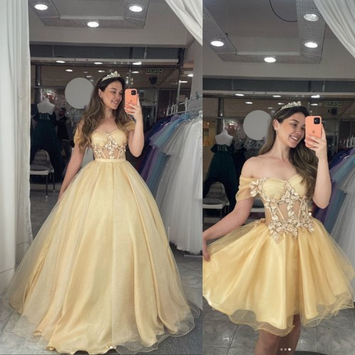 Princess Prom Dresses Off Shoulder Yellow Birthday Party Sweet 15 16 Ball Gowns - Picture 1 of 10