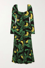 GANNI Banana Print Ruched Midi-Dress