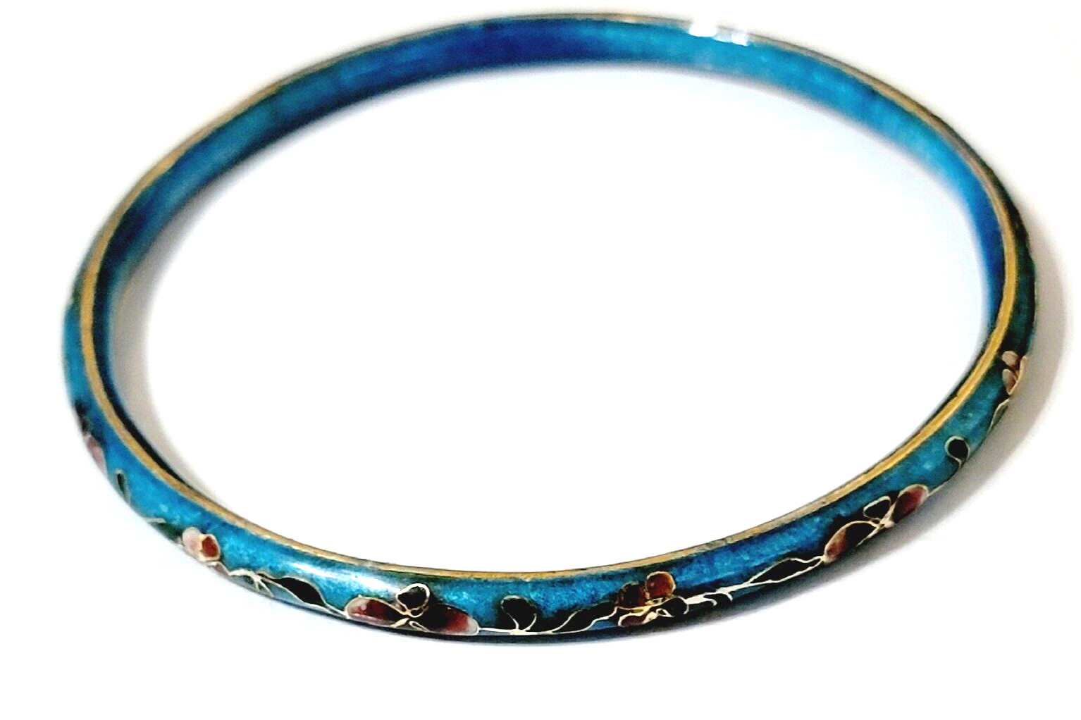 Vintage Teal-Blue/Gold/Pink/Green  Cloisonne Bangle Bracelet Asian Flowers