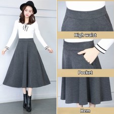 Lady Faux Wool Midi Skirt A-line Half Dress Warm Winter Party Formal Dress Solid