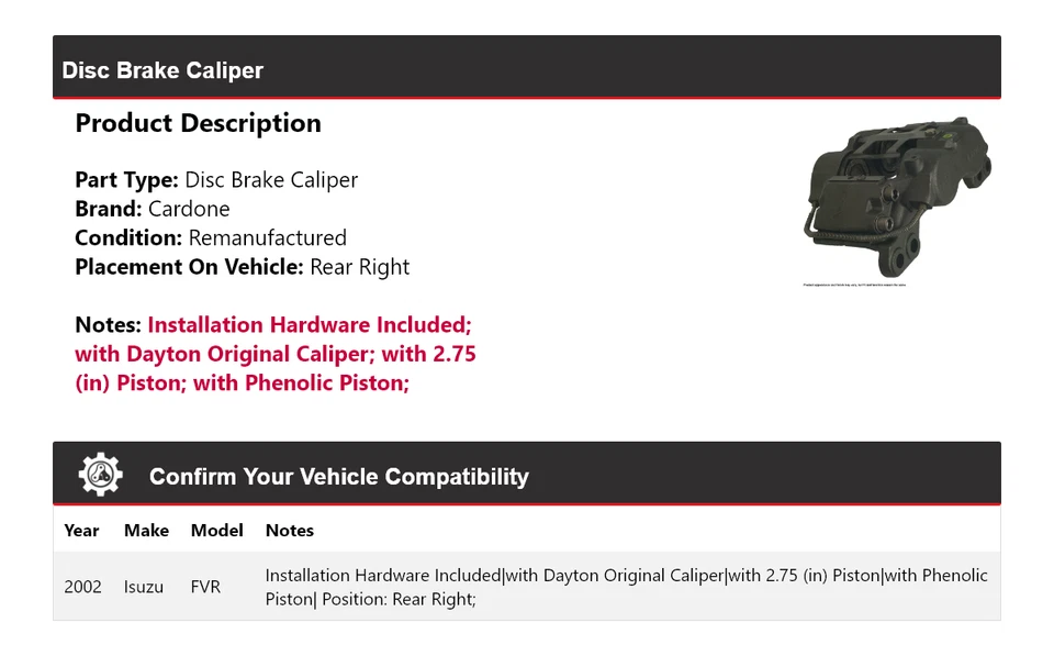 For 2002 Isuzu FVR Disc Brake Caliper Rear Right Cardone - Image 2 of 4