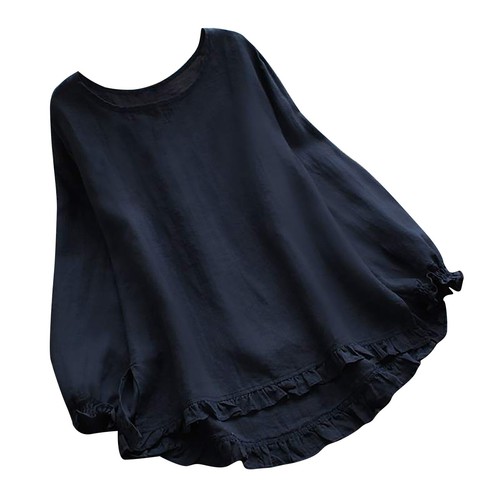 Women Summer Solid Shirt Cotton Linen Ruffle Crew Neck Long Sleeve Top Plus Size - Picture 2 of 22