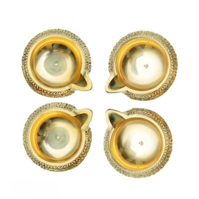 Set of 4 Diya Deepak Pooja Item Brass Oil Lamp for Indian Traditional Pooja 
