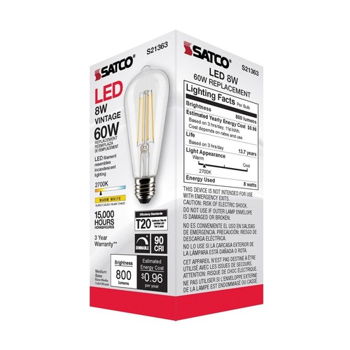 Satco S21363 - 8 Watt ST19 LED Clear LIght bulb - 90 CRI - 2700K (6 Pack) - Picture 9 of 10