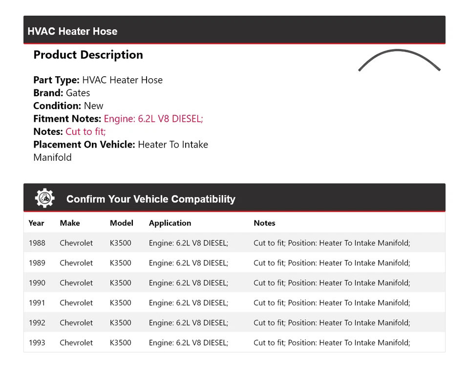 Para Chevrolet K3500 1988-1993 HVAC Calefacción Manguera Calentador para Admisión Colector Puertas Foto 2 de 4