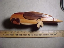 From estate-Neat carved wooden jewelry/trinket puzzle box-Parrot figural