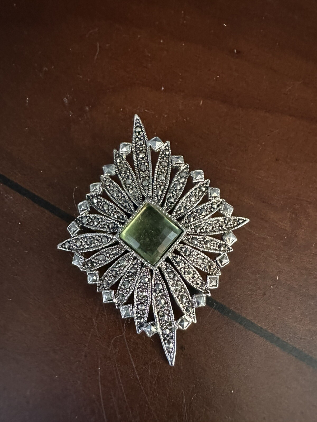Vintage Rectangular Green Stone And Rhinestone Pe… - image 2